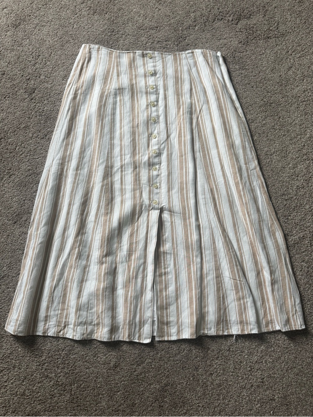 LOFT Cream and Tan Striped Button-Front Midi Skirt